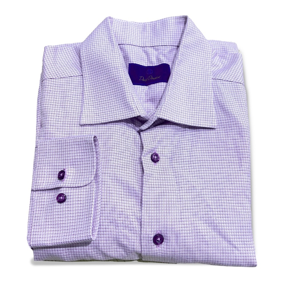 David Donahue Trim Dress Shirt Men 17-32/33 Purple Geometric Print Cotton L/S